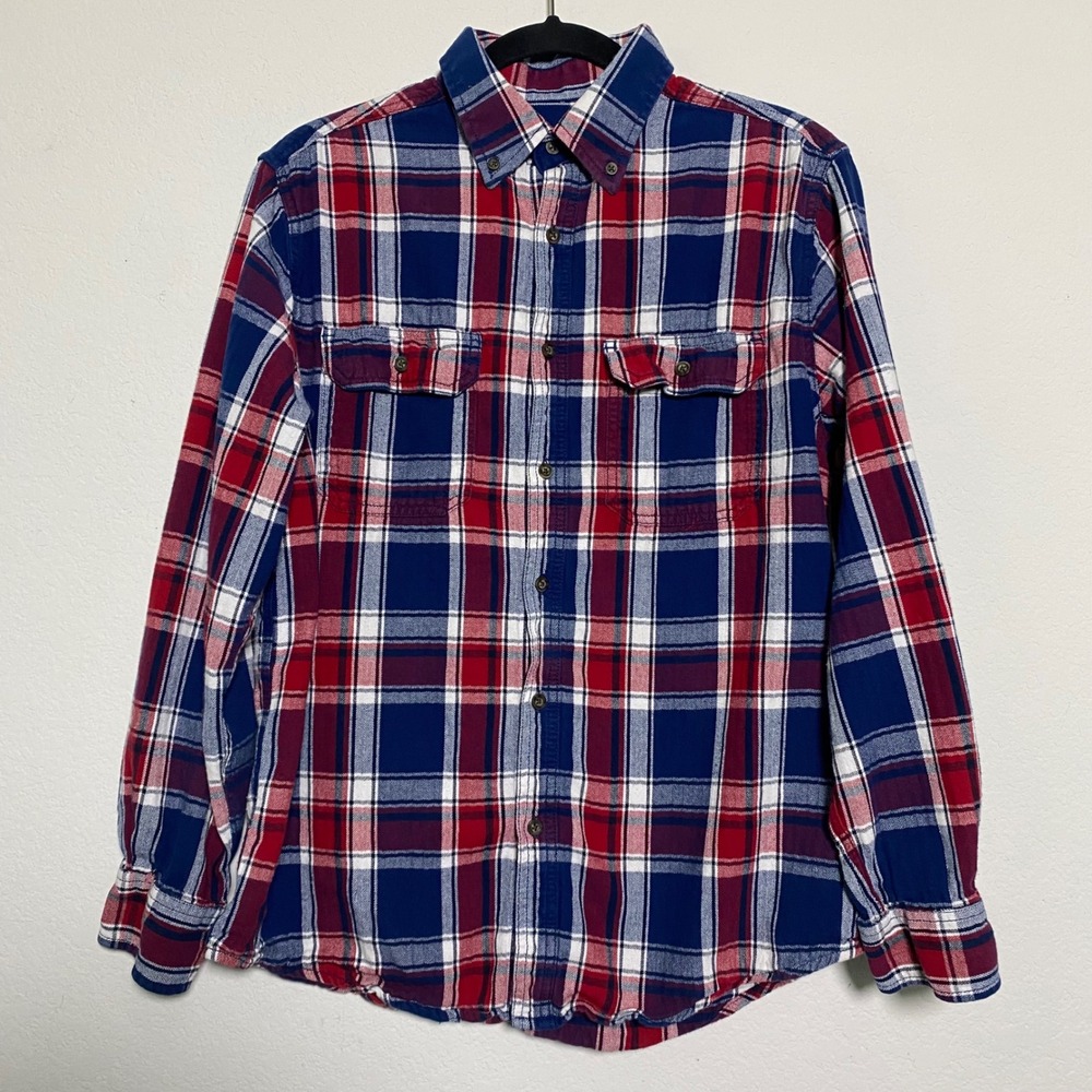 Faded Glory Mens Flannel Shirt Medium Plaid Blue Red Long Sleeve Cotton American